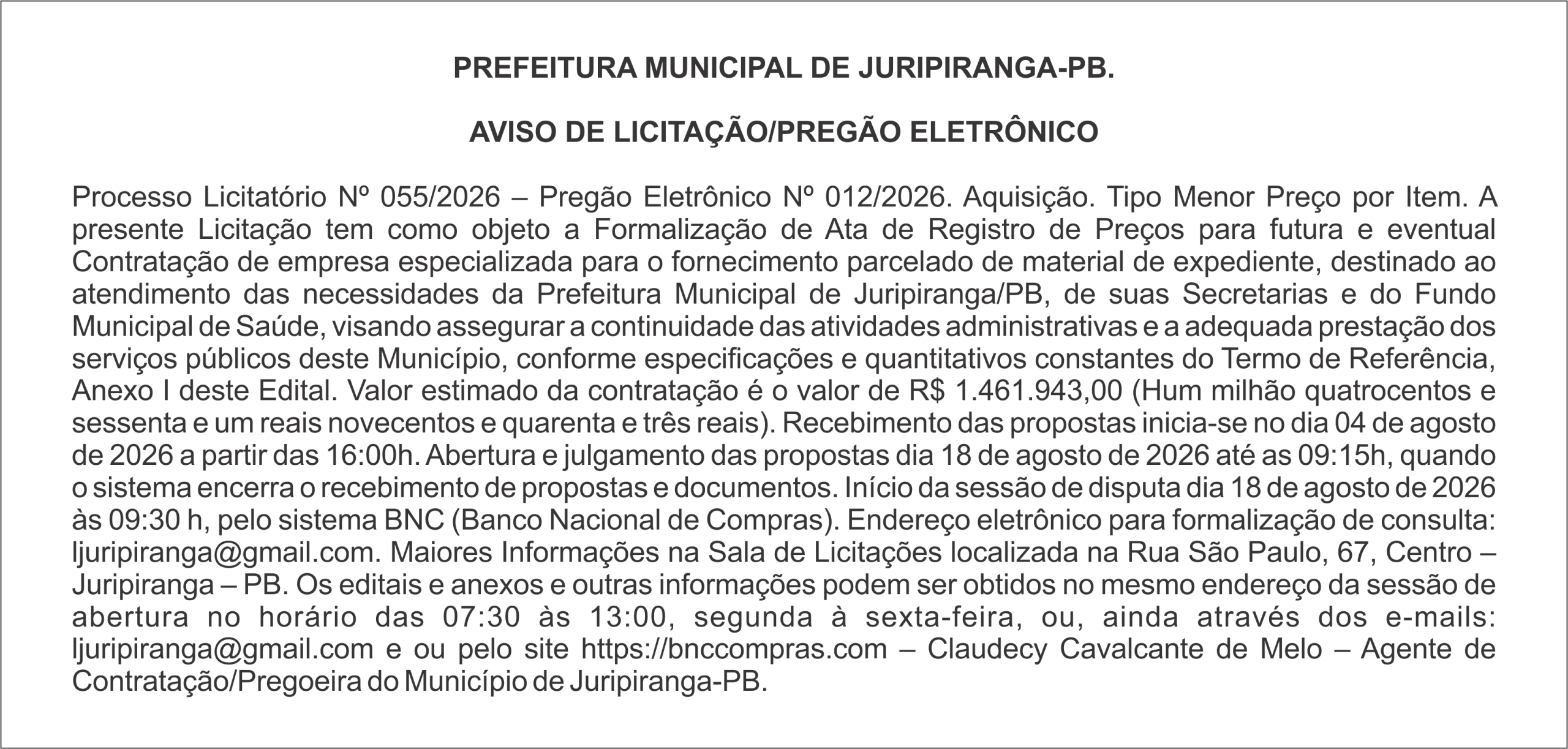 PREFEITURA MUNICIPAL DE JURIPIRANGA-PB – AVISO DE LICITAÇÃO/PREGÃO ELETRÔNICO