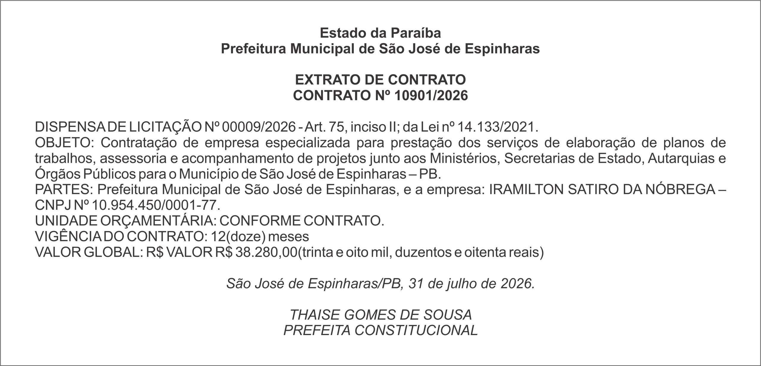 PREFEITURA DE SÃO JOSÉ DE ESPINHARAS – EXTRATO DE CONTRATO