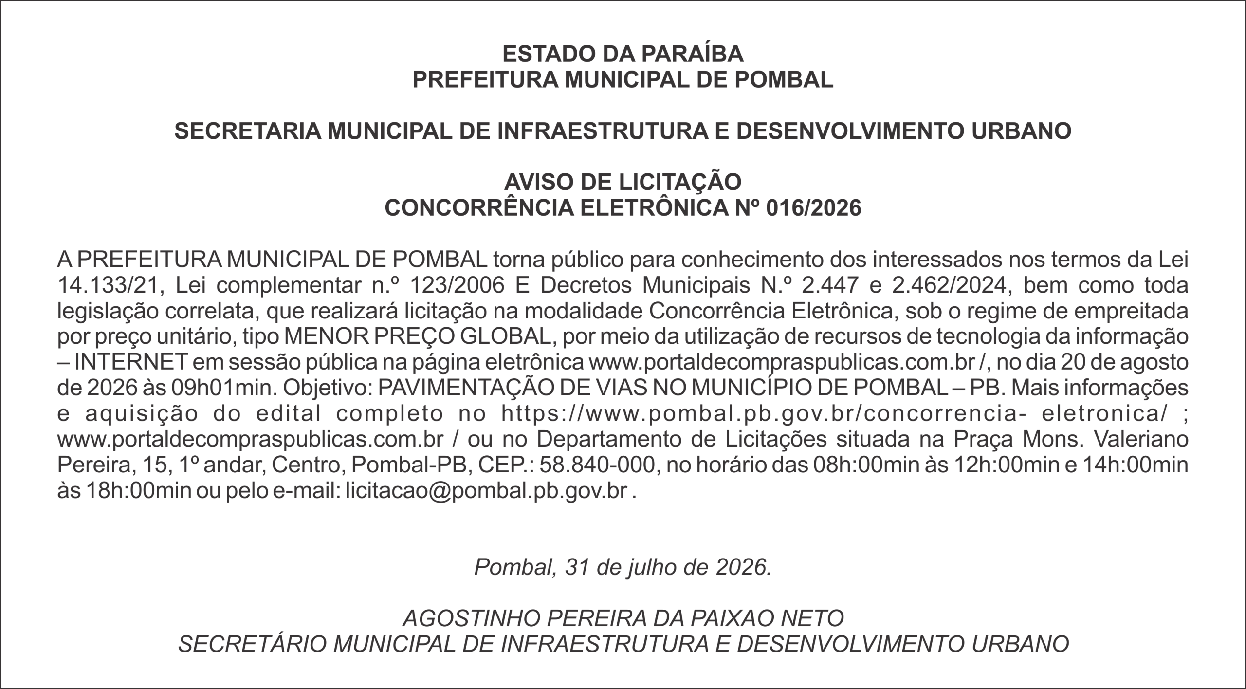 PREFEITURA MUNICIPAL DE POMBAL – AVISO DE LICITAÇÃO CONCORRÊNCIA ELETRÔNICA Nº 016/2026