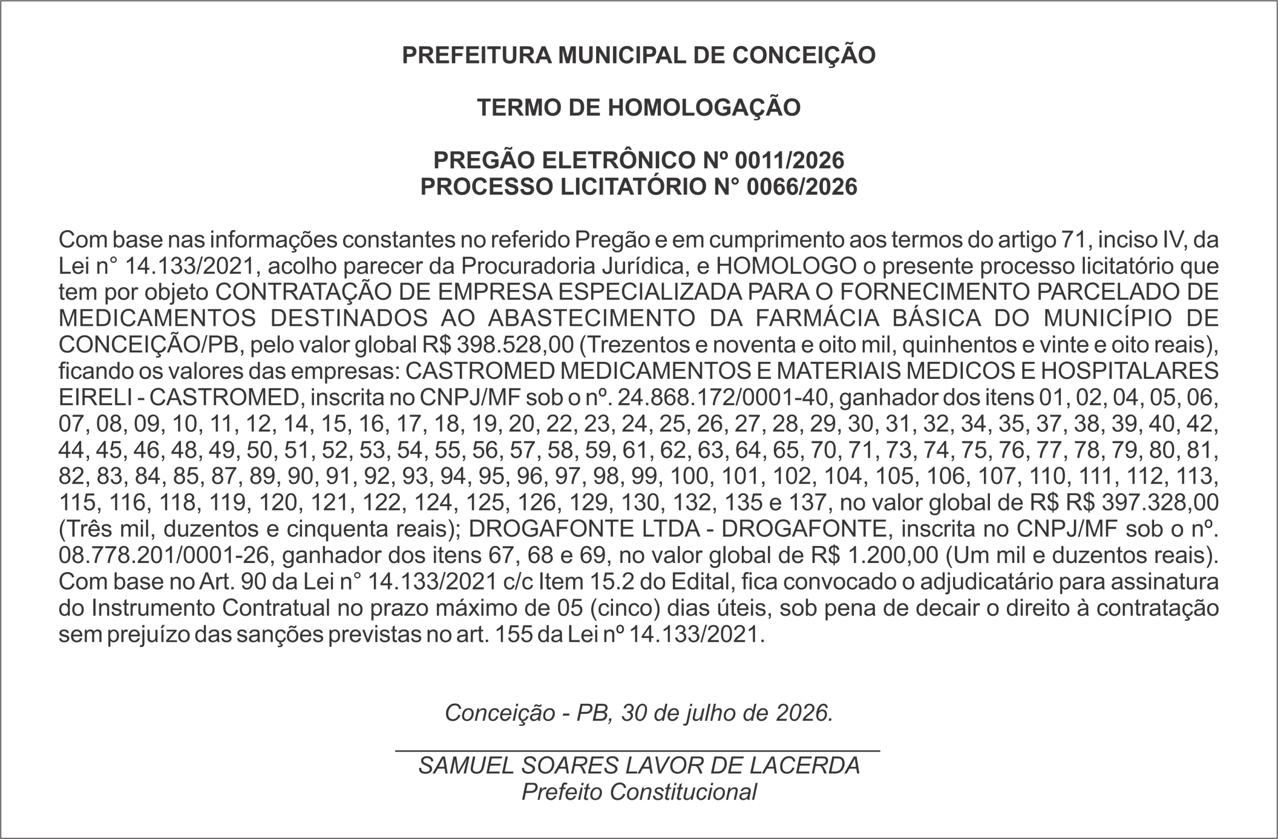 PREFEITURA DE CONCEIÇÃO – TERMO DE HOMOLOGAÇÃO