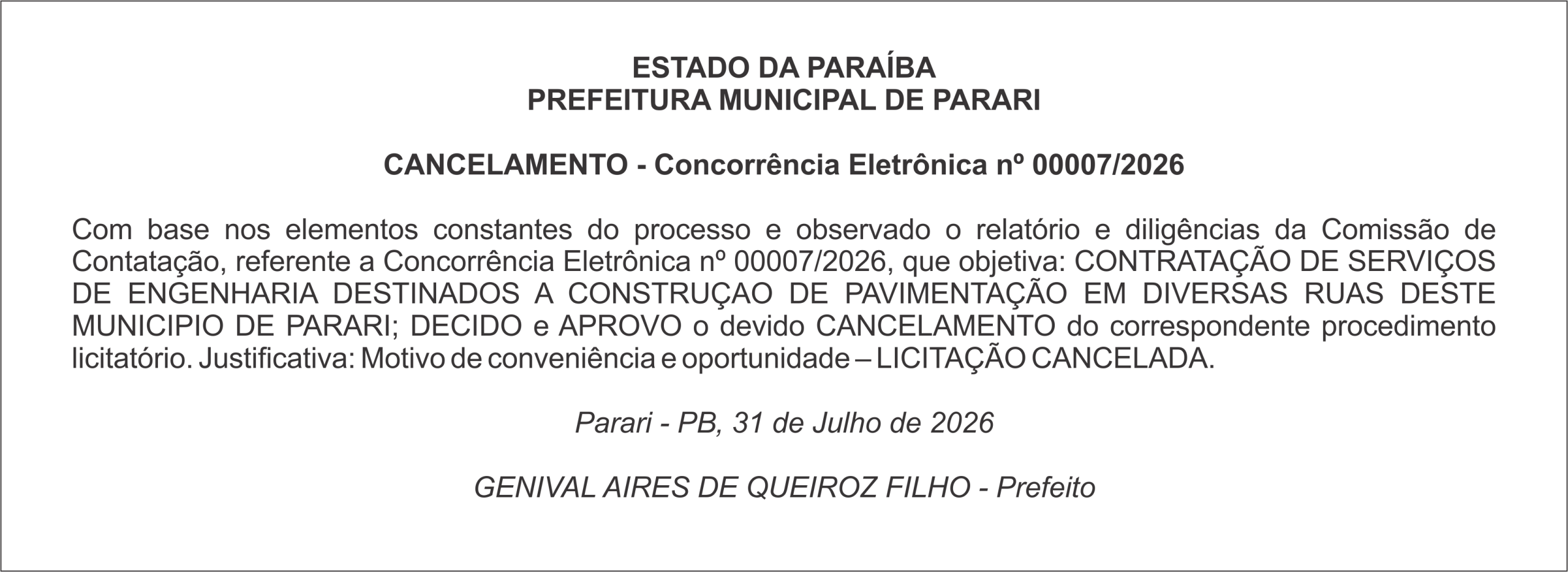 PREFEITURA MUNICIPAL DE PARARI – CANCELAMENTO – Concorrência Eletrônica nº 00007/2026