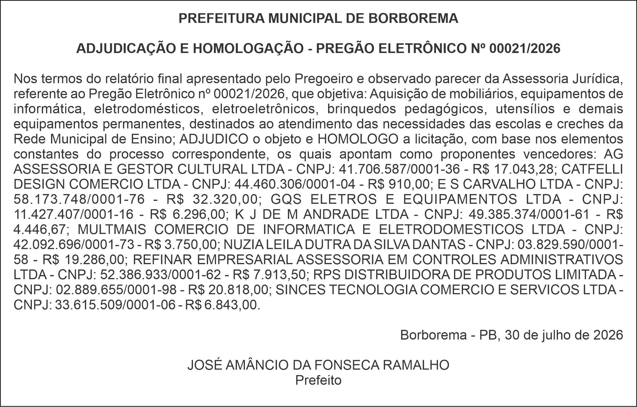 PREFEITURA MUNICIPAL DE BORBOREMA  ADJUDICAÇÃO E HOMOLOGAÇÃO – PREGÃO ELETRÔNICO Nº 00021/2026