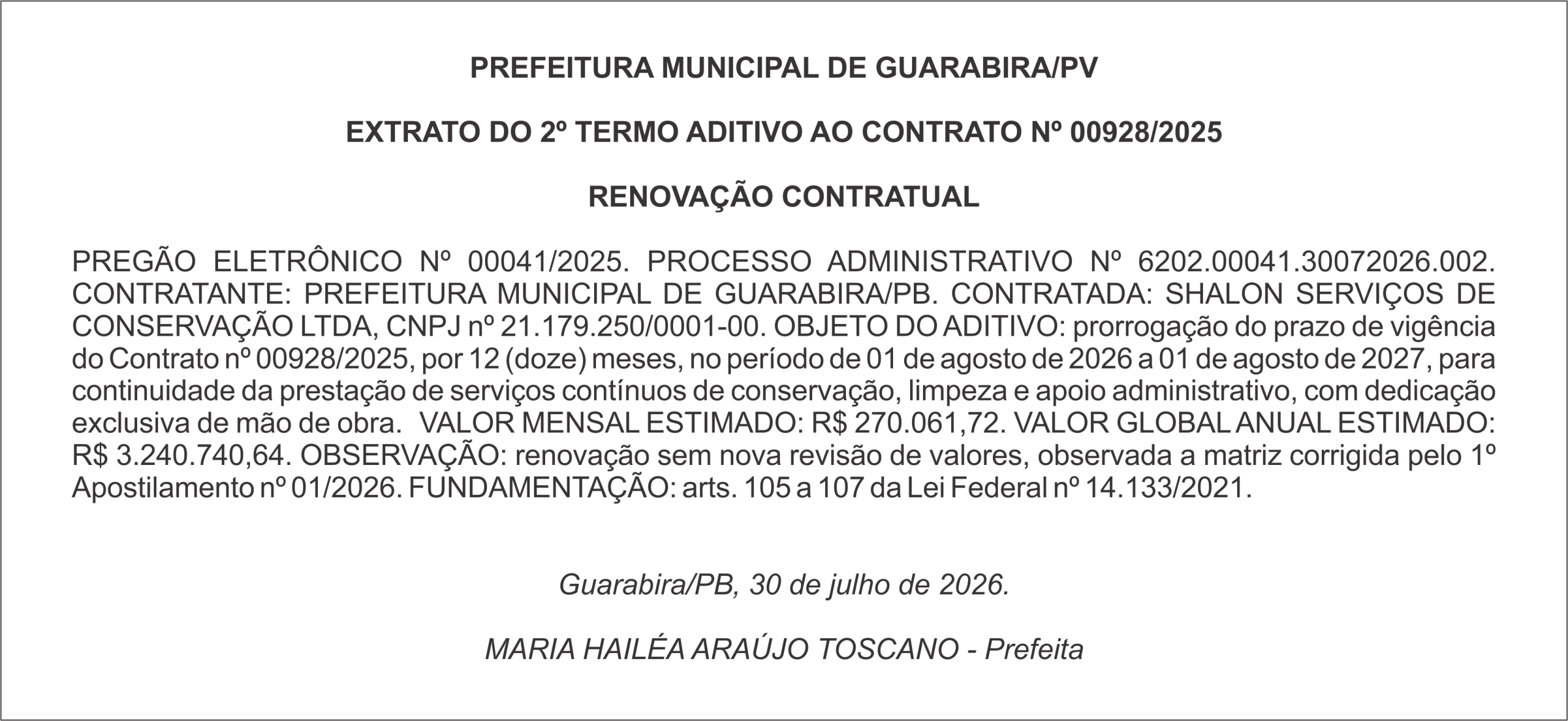 PREFEITURA MUNICIPAL DE GUARABIRA/PB – EXTRATO DO 2º TERMO ADITIVO AO CONTRATO Nº 00928/2025