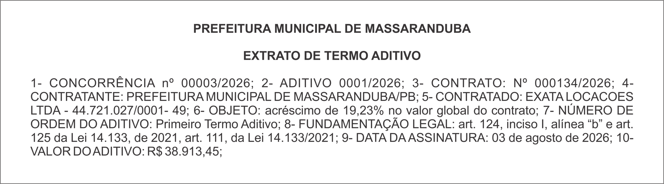 PREFEITURA DE MASSARANDUBA – EXTRATO DE TERMO ADITIVO