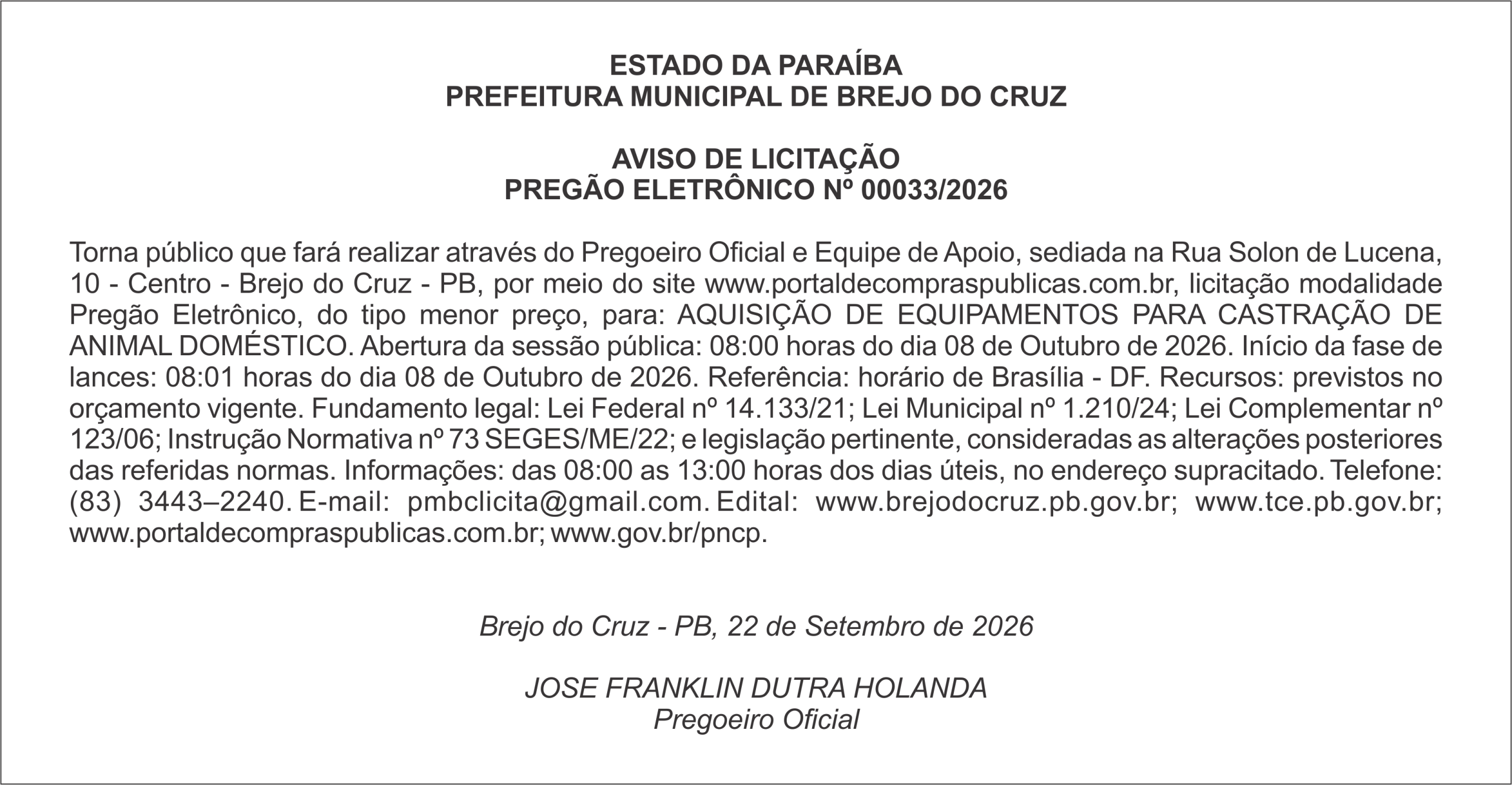 PREFEITURA MUNICIPAL DE BREJO DO CRUZ – AVISO DE LICITAÇÃO PREGÃO ...