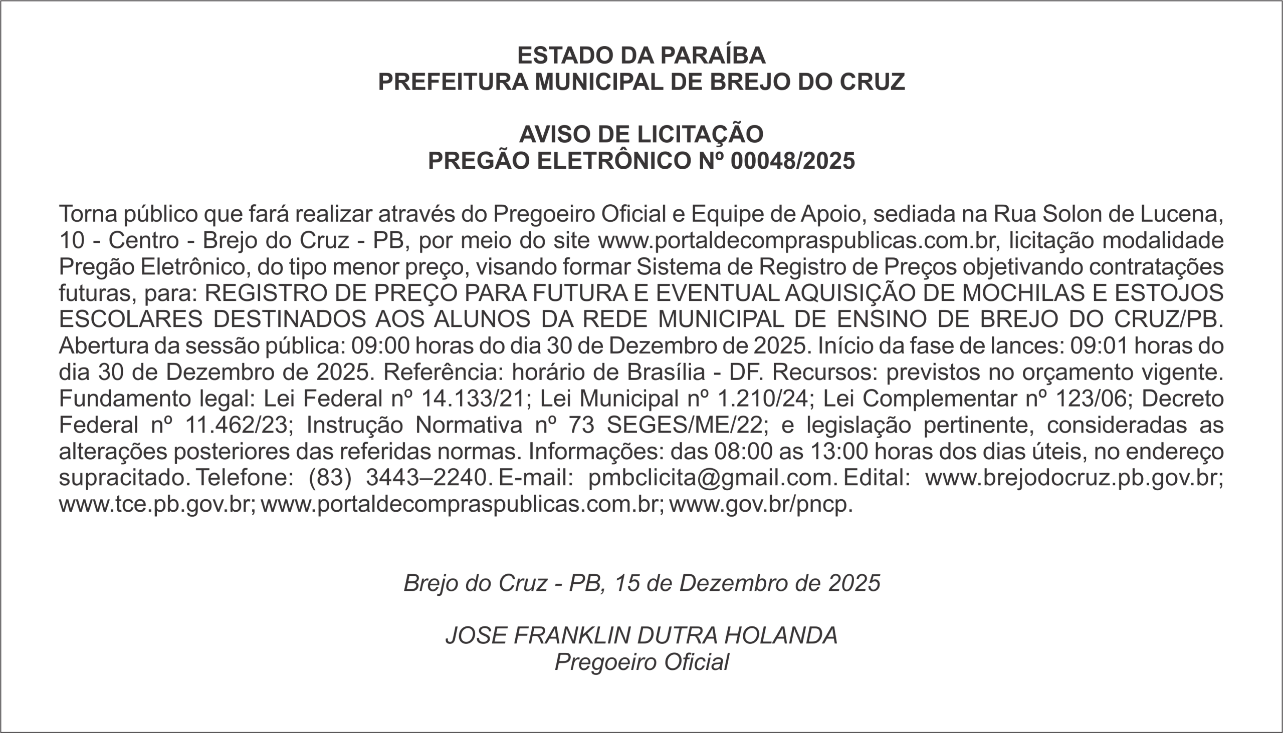 PREFEITURA MUNICIPAL DE BREJO DO CRUZ  – AVISO DE LICITAÇÃO – PREGÃO ELETRÔNICO Nº 00048/2025