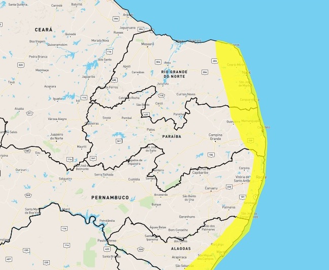 Área destacada no mapa corresponde aos locais incluídos no alerta (Foto: Reprodução/Inmet)